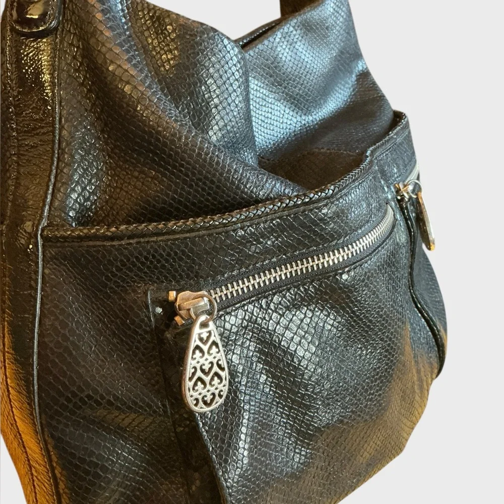 Brighton Black Leather Hobo Bag Snakeskin Embossed Silver Heart